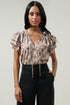 Sandalwood Leopard Montie Ruffle Tie Neck Blouse